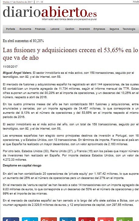 Las fusiones y adquisiciones crecen el 53,65% en lo que va de ao